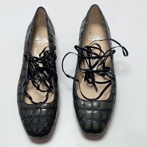 Delman Green Croc-Embossed Lace-Up Flats New 7 FAITH